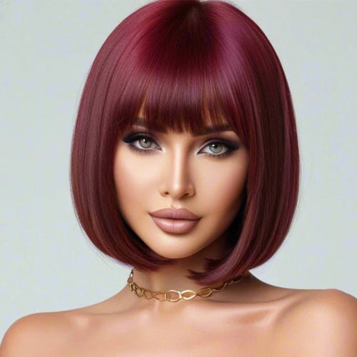 12 inch burgundy bob straight hair with bangs, synthetic high - temperature silk wig, heat - resistant heat - resistant, elegant styli - Hairliegant