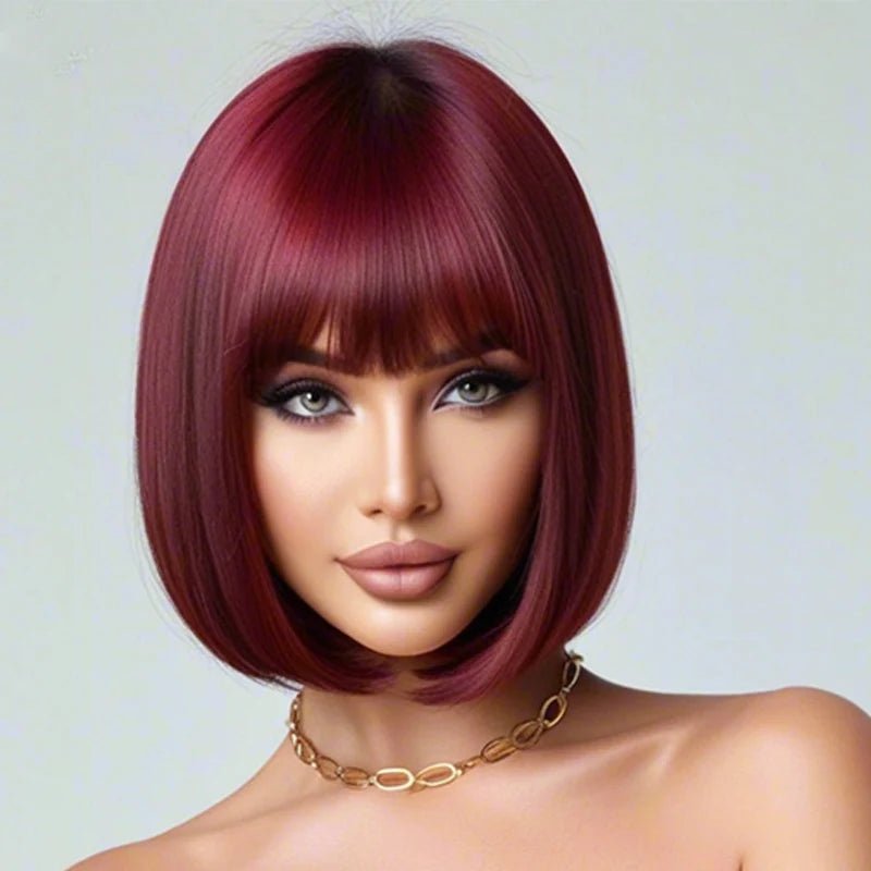 12 inch burgundy bob straight hair with bangs, synthetic high - temperature silk wig, heat - resistant heat - resistant, elegant styli - Hairliegant