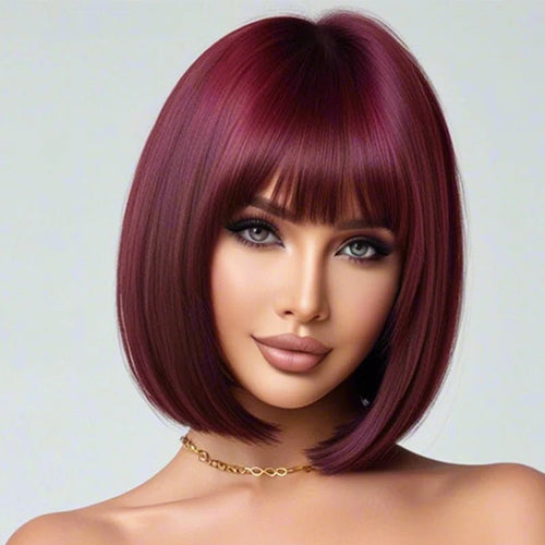 12 inch burgundy bob straight hair with bangs, synthetic high - temperature silk wig, heat - resistant heat - resistant, elegant styli - Hairliegant