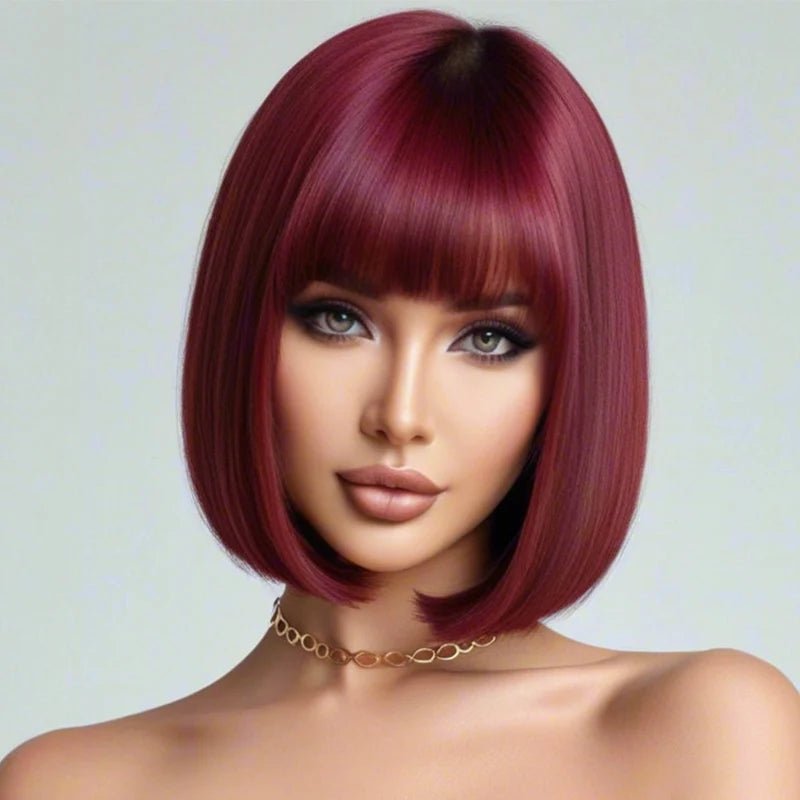 12 inch burgundy bob straight hair with bangs, synthetic high - temperature silk wig, heat - resistant heat - resistant, elegant styli - Hairliegant