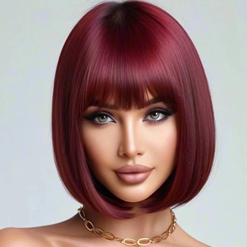 12 inch burgundy bob straight hair with bangs, synthetic high - temperature silk wig, heat - resistant heat - resistant, elegant styli - Hairliegant