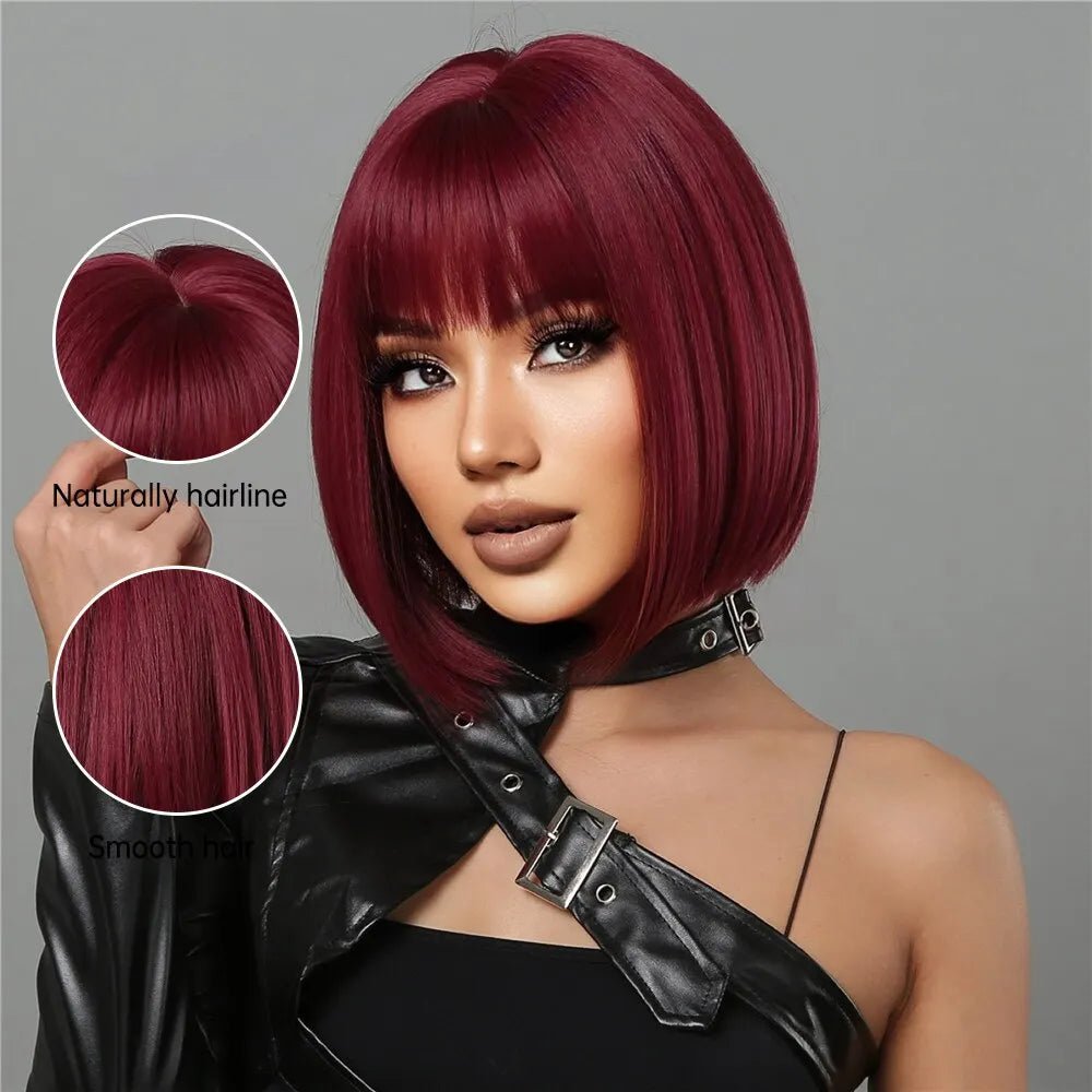 Short Wine Red Bob Wigs For Women Burgundy Bob Wigs With Thick Bangs Heat Resistant Synthetic Wig - Hairliegant