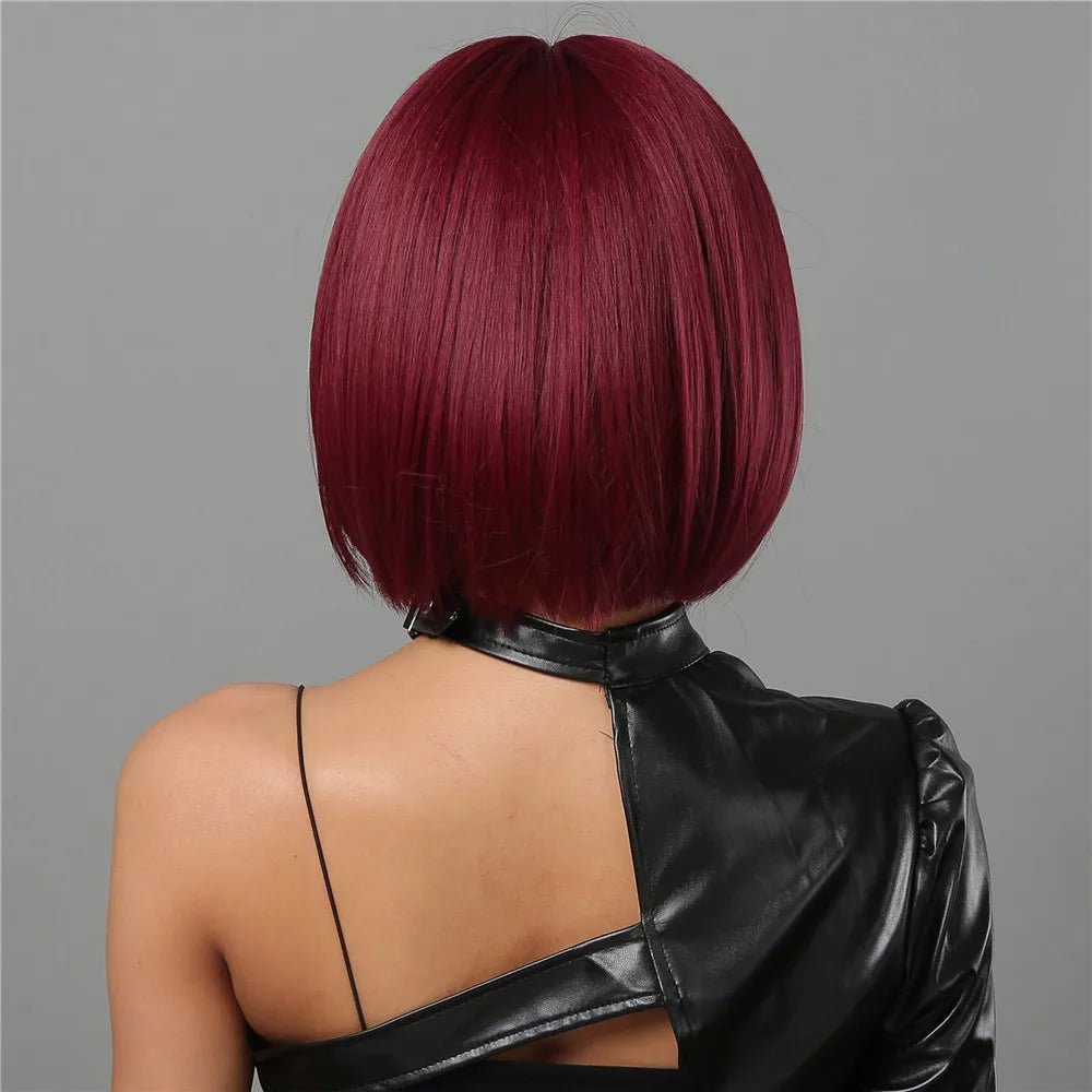 Short Wine Red Bob Wigs For Women Burgundy Bob Wigs With Thick Bangs Heat Resistant Synthetic Wig - Hairliegant