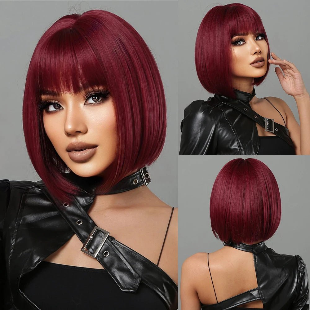 Short Wine Red Bob Wigs For Women Burgundy Bob Wigs With Thick Bangs Heat Resistant Synthetic Wig - Hairliegant