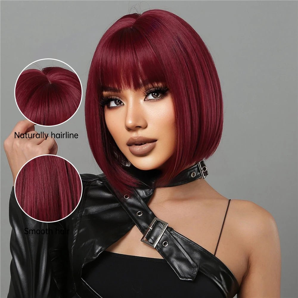 Short Wine Red Bob Wigs For Women Burgundy Bob Wigs With Thick Bangs Heat Resistant Synthetic Wig - Hairliegant