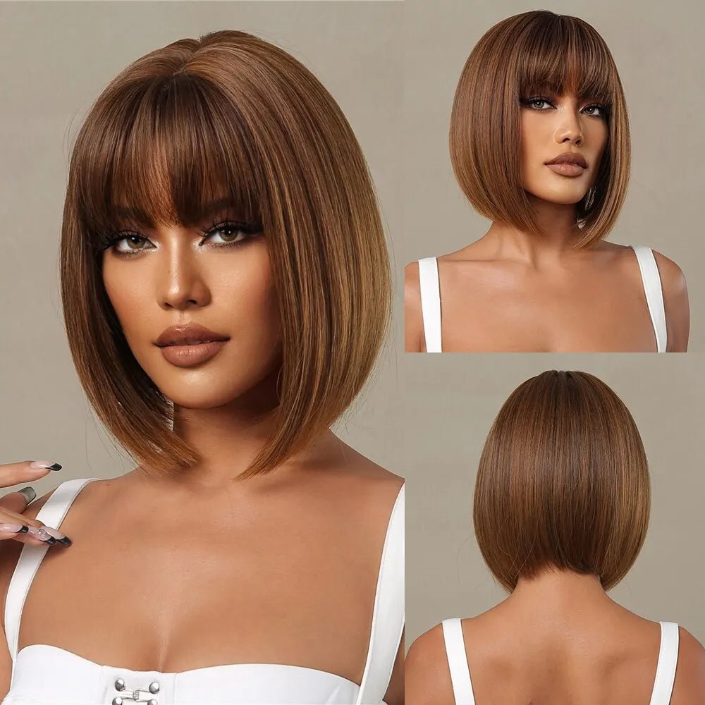 Short Wine Red Bob Wigs For Women Burgundy Bob Wigs With Thick Bangs Heat Resistant Synthetic Wig - Hairliegant