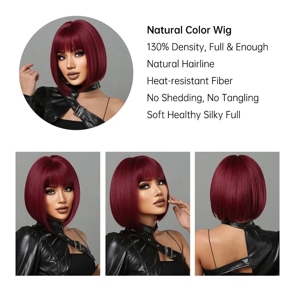 Short Wine Red Bob Wigs For Women Burgundy Bob Wigs With Thick Bangs Heat Resistant Synthetic Wig - Hairliegant