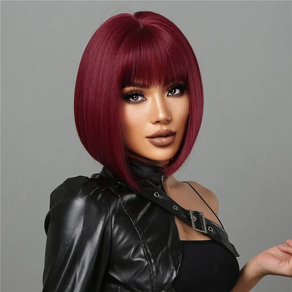 Short Wine Red Bob Wigs For Women Burgundy Bob Wigs With Thick Bangs Heat Resistant Synthetic Wig - Hairliegant