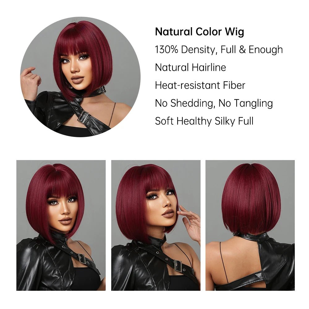 Short Wine Red Bob Wigs For Women Burgundy Bob Wigs With Thick Bangs Heat Resistant Synthetic Wig - Hairliegant