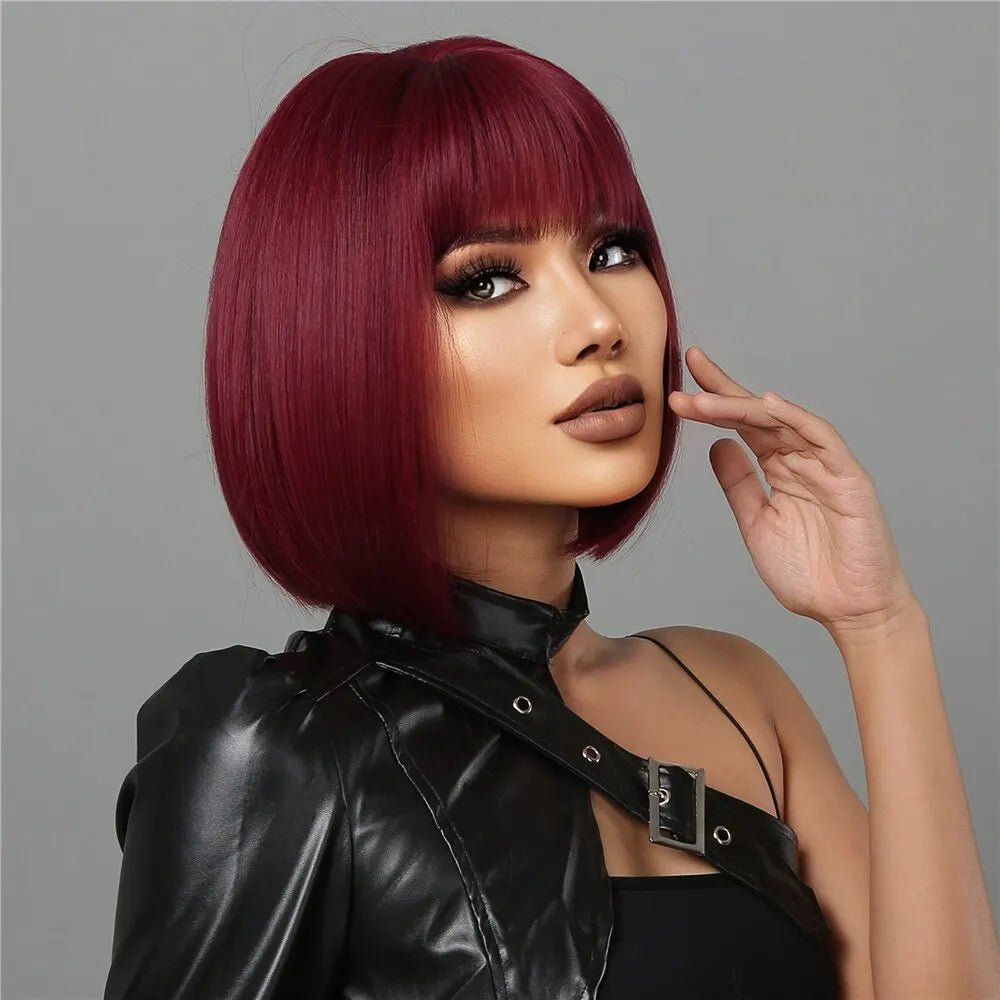 Short Wine Red Bob Wigs For Women Burgundy Bob Wigs With Thick Bangs Heat Resistant Synthetic Wig - Hairliegant