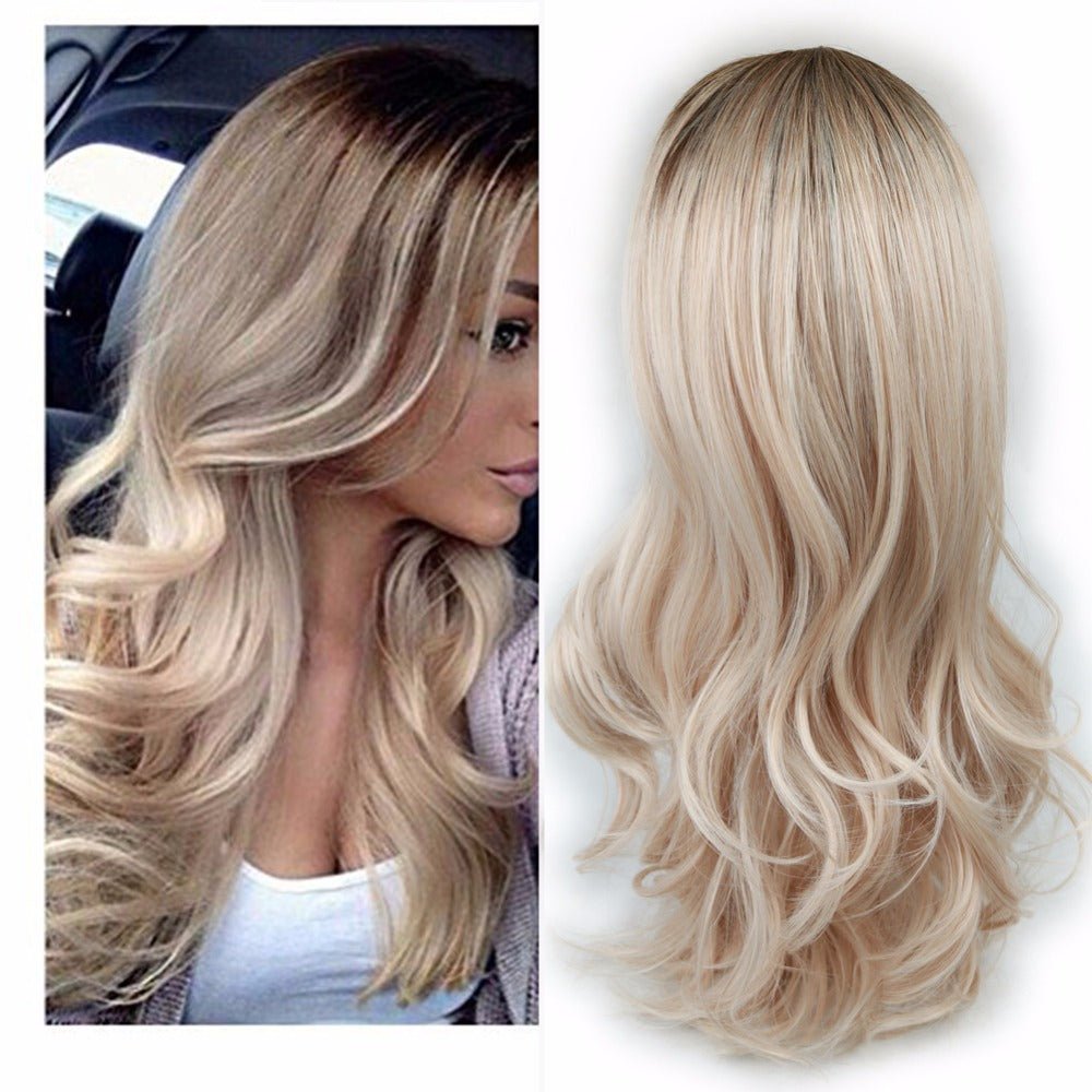 Women Blonde Ombre Hair Black Root Long Curly Wigs - Hairliegant